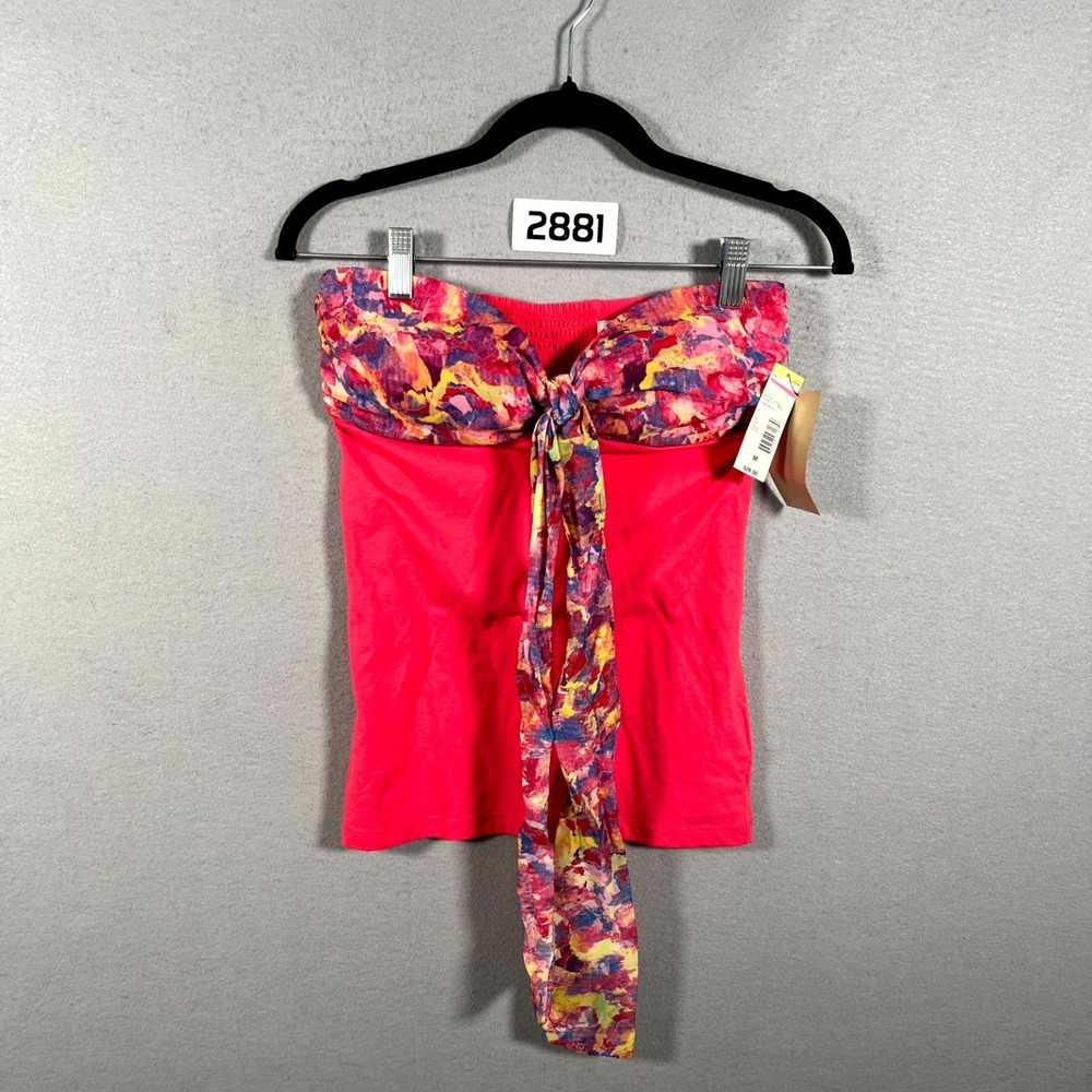 True Freedom Tube Top Womens Medium Red Floral Print Bow Front Smocked Back